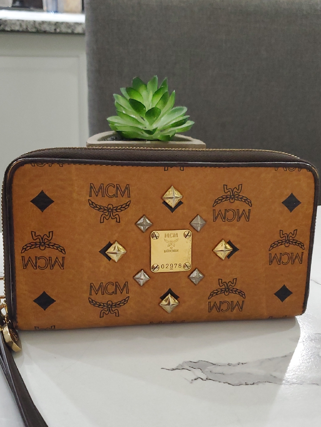 Rare Mcm Cognac Visetos Leather Long Monogram Logo Studded Zip Clutch Wallet